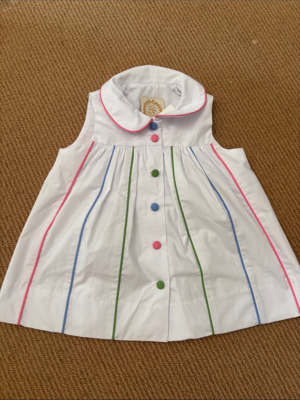 The Beaufort Bonnet Company White Dress with Pink, Blue, and Green Trim
